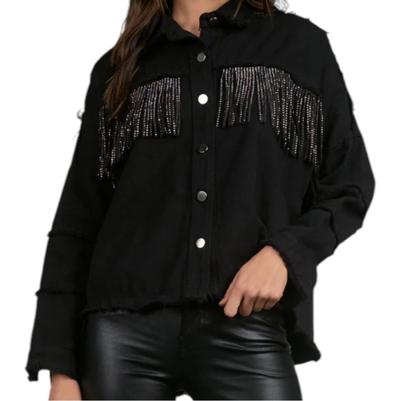 Elan Womens Black Jean Jacket Western Fringed Sparkle Size S-Large Denim - Picture 1 of 8